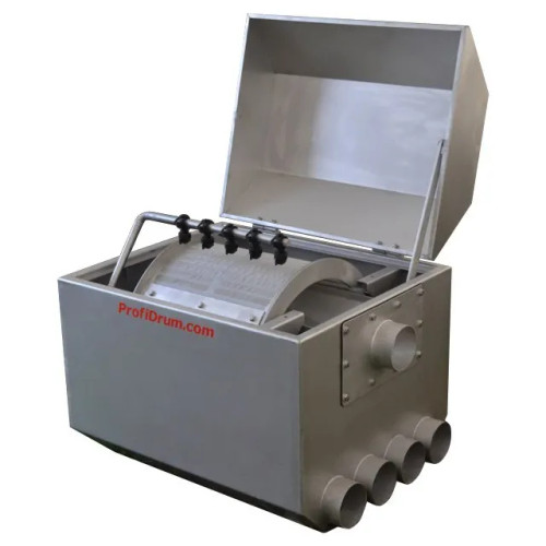 Top-Side angle view of Stainless 55/40 Drum filter, made of stainless steel 316 and equipped internally with rotating steel mesh screens and 5 nozzle spray bar. Side of filter shows 5 inlet/outlet holes for plumbing. Attached lid of this drum filter is affixed open. Top-Side angle view of Stainless 55/40 Drum filter, made of stainless steel 316 and equipped internally with rotating steel mesh screens and 5 nozzle spray bar. Side of filter shows 5 inlet/outlet holes for plumbing. Attached lid of this drum filter is affixed open.