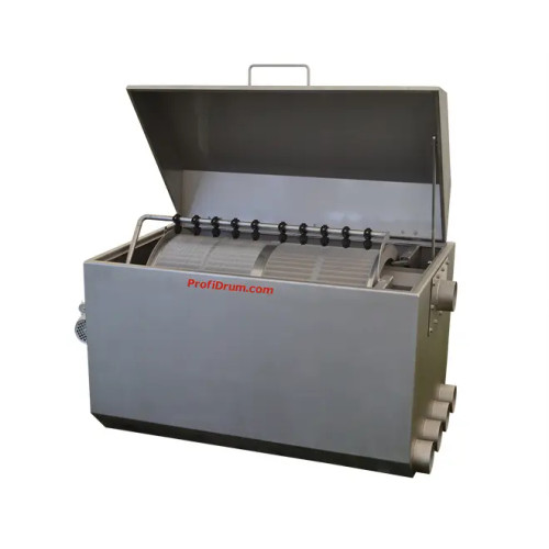 Top-Front view of Stainless 65/80 Drum Filter with the lid propped open, made of stainless steel 316. Internally the filter is equipped with steel mesh screens of 70 microns, and 10-nozzle spray bar. Side of filter has inlet/outlet holes for plumbing. Top-Front view of Stainless 65/80 Drum Filter with the lid propped open, made of stainless steel 316. Internally the filter is equipped with steel mesh screens of 70 microns, and 10-nozzle spray bar. Side of filter has inlet/outlet holes for plumbing.
