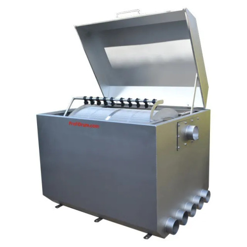Top-Front angle view of Stainless 75/80 Drum Filter made of stainless steel 316 with the lid propped open. Internally this filter is equipped with steel mesh screens of 70 microns and 10-nozzle spray bar. Side of filter has 6 inlet/outlet holes for plumbing. Top-Front angle view of Stainless 75/80 Drum Filter made of stainless steel 316 with the lid propped open. Internally this filter is equipped with steel mesh screens of 70 microns and 10-nozzle spray bar. Side of filter has 6 inlet/outlet holes for plumbing.