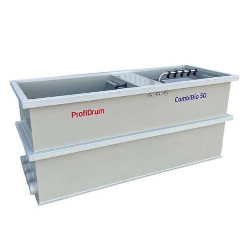 Front-Top view of CombiBio 50. This filter is made of durable beige plastic and is split into two compartments. One compartment internally contains steel mesh screens of 70 microns and a 5 nozzle spray bar. The other compartment contains biological filter media. The side of this filter shows 4 inlet/outlet holes for plumbing. Front-Top view of CombiBio 50. This filter is made of durable beige plastic and is split into two compartments. One compartment internally contains steel mesh screens of 70 microns and a 5 nozzle spray bar. The other compartment contains biological filter media. The side of this filter shows 4 inlet/outlet holes for plumbing.