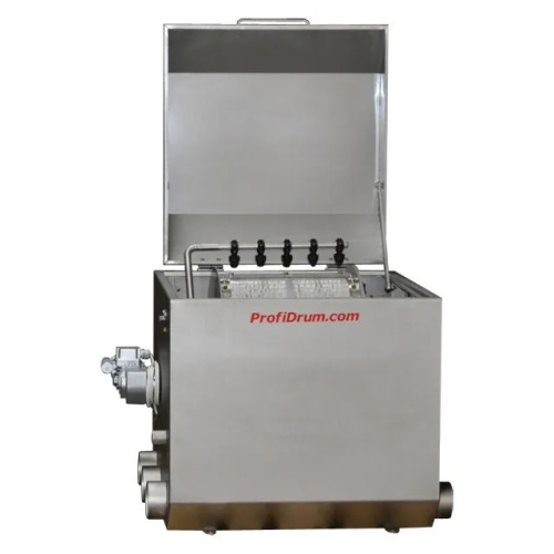 Top-Front View of Stainless 65/40 Drum Filter made of stainless steel 316 with the attached lid propped open. Internally this drum filter is equipped with steel mesh screens 70 microns, 5 nozzle spray bar, and on the side there are inlet/outlet holes for plumbing and a drum motor. Top-Front View of Stainless 65/40 Drum Filter made of stainless steel 316 with the attached lid propped open. Internally this drum filter is equipped with steel mesh screens 70 microns, 5 nozzle spray bar, and on the side there are inlet/outlet holes for plumbing and a drum motor.