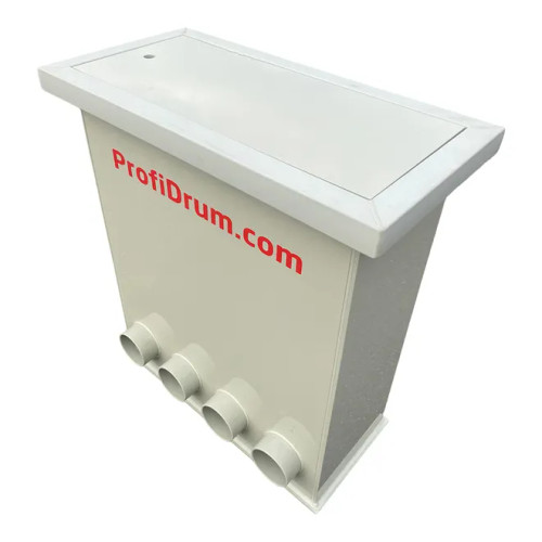 Top-side angled view of Collector Tank with lid on and 4 input/output holes at the bottom of tank for plumbing. Top-side angled view of Collector Tank with lid on and 4 input/output holes at the bottom of tank for plumbing.