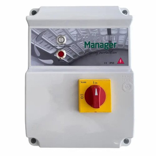Front view of ProfiDrum Manager Control Box showing the red on/off switch and two lights indicating what mode the control box is set to. Front view of ProfiDrum Manager Control Box showing the red on/off switch and two lights indicating what mode the control box is set to.