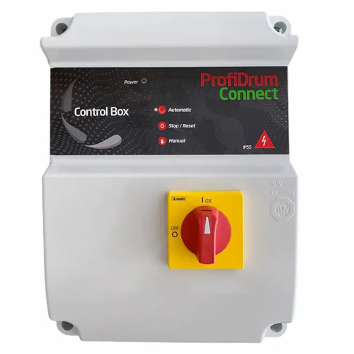 Front View of ProfiDrum Connect Control Box showing the on/off switch and lights indicating which mode is activated. Front View of ProfiDrum Connect Control Box showing the on/off switch and lights indicating which mode is activated.