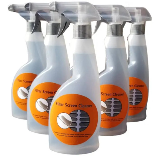 Spray bottle with orange label reading "Filter Screen Cleaner" Spray bottle with orange label reading "Filter Screen Cleaner"