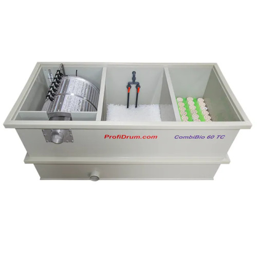 Top-Front view of CombiBio 60 TC filter which contains three compartments. The compartment on the left contains steel mesh screens of 70 microns and 7-nozzle spray bar, plus an input/output hole for plumbing. The center compartment contains filter media, and the compartment on the right side has Mountain Tree Filter Mat & Mountain Tree Bacteria House Cassette. Top-Front view of CombiBio 60 TC filter which contains three compartments. The compartment on the left contains steel mesh screens of 70 microns and 7-nozzle spray bar, plus an input/output hole for plumbing. The center compartment contains filter media, and the compartment on the right side has Mountain Tree Filter Mat & Mountain Tree Bacteria House Cassette.