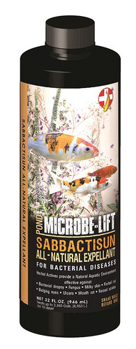 Front view of 32 oz. (946 mL) Sabbactisun Ready-to-Use Concentrate bottle designed to treat fish diseases and improve water quality in ponds. Front view of 32 oz. (946 mL) Sabbactisun Ready-to-Use Concentrate bottle designed to treat fish diseases and improve water quality in ponds.