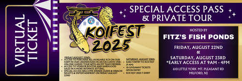 Take your Koi Fest 2025 experience to the next level with an exclusive, all-access pass that includes a private guided farm tour, early entry, first pick of koi, and a special welcome dinner. Take your Koi Fest 2025 experience to the next level with an exclusive, all-access pass that includes a private guided farm tour, early entry, first pick of koi, and a special welcome dinner.