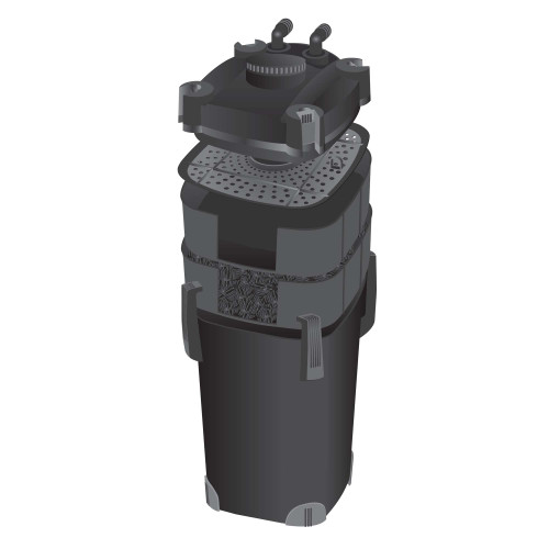 View showing the internal chamber and filtration media inside the Pondmaster CPF filter. View showing the internal chamber and filtration media inside the Pondmaster CPF filter.