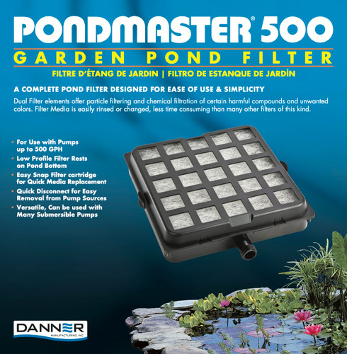 Pondmaster PM500 Mechanical Filter 9x9 for pond debris removal, package front view. Pondmaster PM500 Mechanical Filter 9x9 for pond debris removal, package front view.