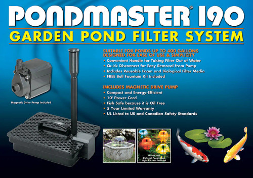 Package label view of Pondmaster 190 GPH pump and filter. Package label view of Pondmaster 190 GPH pump and filter.
