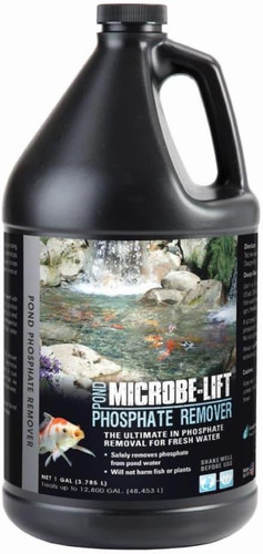 Front view of 1-gallon MICROBE-LIFT Phosphate Remover bottle designed to reduce excess phosphate levels in ponds and water gardens. Front view of 1-gallon MICROBE-LIFT Phosphate Remover bottle designed to reduce excess phosphate levels in ponds and water gardens.