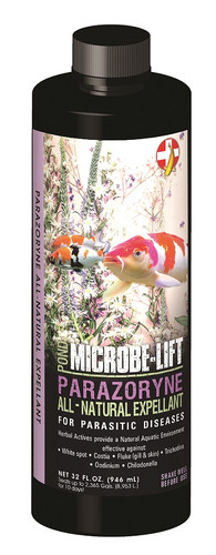 Front view of 32 oz. Parazoryne Ready-to-Use Concentrate bottle designed to treat external parasites in fish and enhance pond water quality. Front view of 32 oz. Parazoryne Ready-to-Use Concentrate bottle designed to treat external parasites in fish and enhance pond water quality.