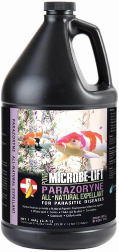 Front view of 1-gallon Parazoryne Ready-to-Use Concentrate bottle designed for treating external parasites in fish and improving pond water quality on a larger scale. Front view of 1-gallon Parazoryne Ready-to-Use Concentrate bottle designed for treating external parasites in fish and improving pond water quality on a larger scale.