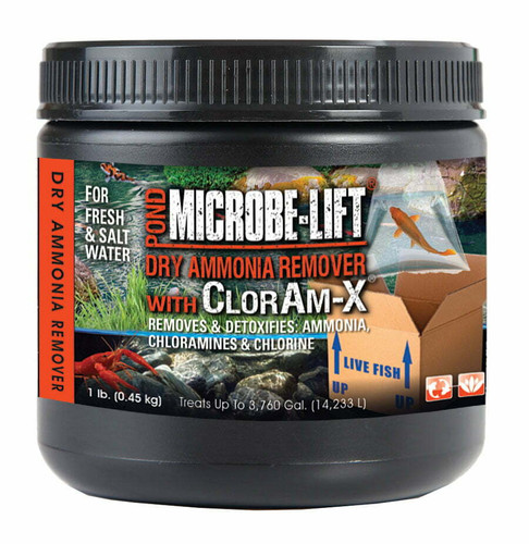 Front view of 5 lbs. MICROBE-LIFT Dry Ammonia Remover bag designed to safely reduce ammonia levels and improve water quality in ponds. Front view of 5 lbs. MICROBE-LIFT Dry Ammonia Remover bag designed to safely reduce ammonia levels and improve water quality in ponds.