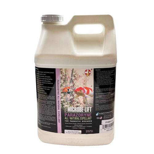 Front view of 2.5-gallon Parazoryne Ready-to-Use Concentrate bottle designed for large-scale treatment of external parasites in fish and improving pond water quality. Front view of 2.5-gallon Parazoryne Ready-to-Use Concentrate bottle designed for large-scale treatment of external parasites in fish and improving pond water quality.