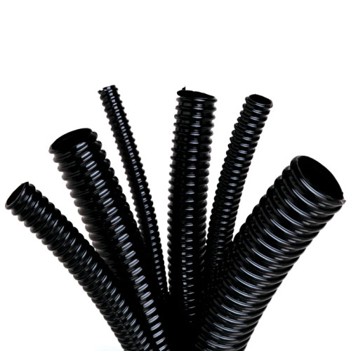 Close-up view of reinforced corrugated black tubing, focusing on the texture of the corrugations and the reinforced layers providing extra strength. Close-up view of reinforced corrugated black tubing, focusing on the texture of the corrugations and the reinforced layers providing extra strength.