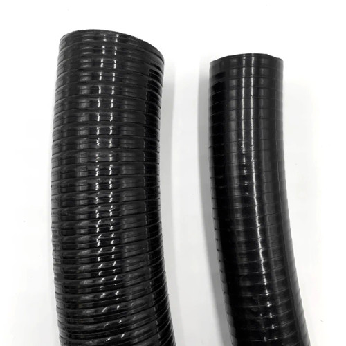 Front-facing view of reinforced black PVC tubing, emphasizing the smooth, even edges and the visible reinforcement that provides structural integrity. Front-facing view of reinforced black PVC tubing, emphasizing the smooth, even edges and the visible reinforcement that provides structural integrity.