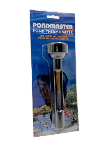 Front-facing view of the floating pond thermometer, emphasizing the clear markings on the thermometer for easy temperature readings. Front-facing view of the floating pond thermometer, emphasizing the clear markings on the thermometer for easy temperature readings.