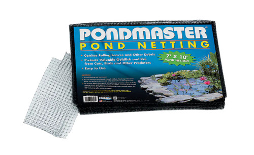 Front-facing view of floating pond netting with package label, emphasizing the mesh design and floating edges. Front-facing view of floating pond netting with package label, emphasizing the mesh design and floating edges.