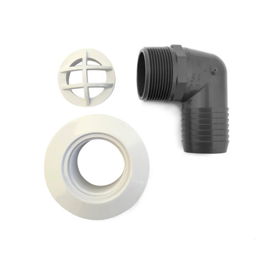 Top-down view of the Bottom Drain Kit for ProLine Pressurized Filters, displaying the inlet and attachment fittings that connect to the filter system." Top-down view of the Bottom Drain Kit for ProLine Pressurized Filters, displaying the inlet and attachment fittings that connect to the filter system."