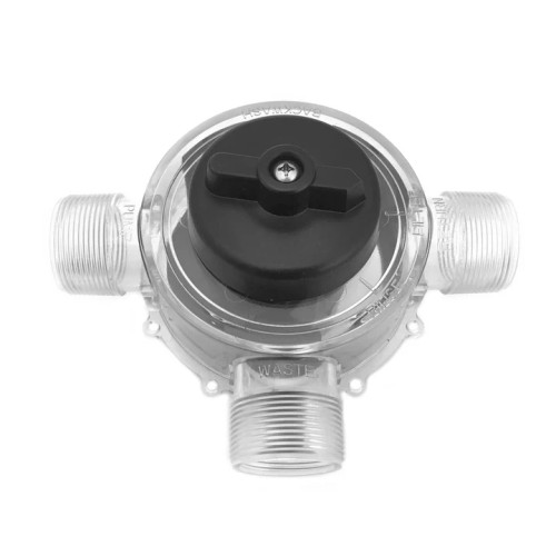 Front view of the Replacement 3-Way Valve for ProLine Pressurized Filters, showcasing the valve body with three ports for controlling water flow directions. Front view of the Replacement 3-Way Valve for ProLine Pressurized Filters, showcasing the valve body with three ports for controlling water flow directions.
