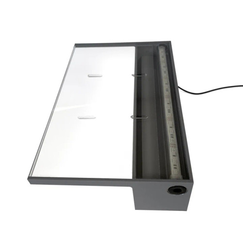 Side profile of the ProLine App-Controlled Multi-Color LED Spillway, highlighting the spillway's smooth surface and LED strip placement for colorful water illumination. Side profile of the ProLine App-Controlled Multi-Color LED Spillway, highlighting the spillway's smooth surface and LED strip placement for colorful water illumination.
