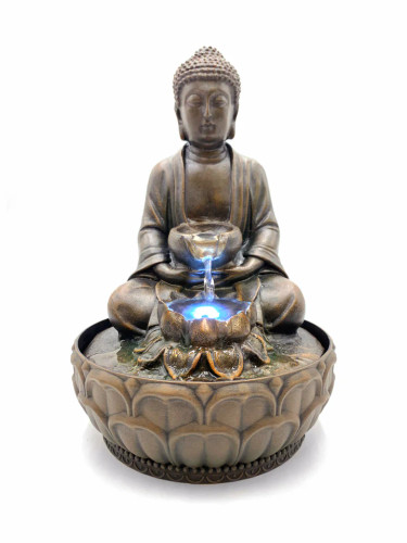 The Pondmaster Mantra Meditation Fountain showcasing its elegant design with a Buddha figure and cascading water feature. The Pondmaster Mantra Meditation Fountain showcasing its elegant design with a Buddha figure and cascading water feature.