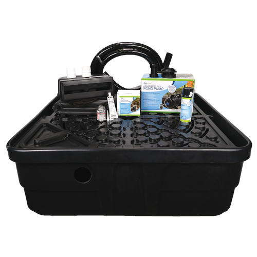 Top-down view of the Backyard Waterfall Landscape Fountain Kit, showing the arrangement of the pump, tubing, and fountain components for installation. Top-down view of the Backyard Waterfall Landscape Fountain Kit, showing the arrangement of the pump, tubing, and fountain components for installation.