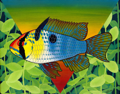 Blue Ram cichlid acrylic and glitter painting on canvas