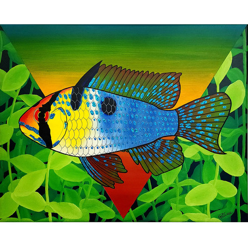 Blue Ram cichlid acrylic and glitter painting on canvas 18x24" Blue Ram cichlid acrylic and glitter painting on canvas 18x24"