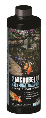 POND BACTERIAL BALANCER 32 OZ (946 mL) bottle with label displaying product name and usage details. POND BACTERIAL BALANCER 32 OZ (946 mL) bottle with label displaying product name and usage details.