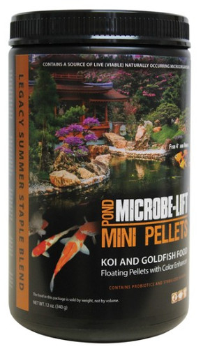 Front view of MICROBE-LIFT Mini Pellets container, displaying the product name, size, and key benefits for providing small fish with optimal nutrition. Front view of MICROBE-LIFT Mini Pellets container, displaying the product name, size, and key benefits for providing small fish with optimal nutrition.