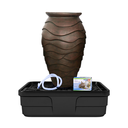 Full display of the Scalloped Urn Fountain Kit - 45" H, showing the urn, pump, water basin, and tubing arranged for installation. Full display of the Scalloped Urn Fountain Kit - 45" H, showing the urn, pump, water basin, and tubing arranged for installation.