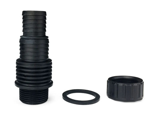 Front view of a pond waterfall filter fitting kit, showing hose connectors, clamps, and fittings. Front view of a pond waterfall filter fitting kit, showing hose connectors, clamps, and fittings.