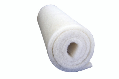 Side perspective of the coarse filter media roll, highlighting the 1.25-inch thickness and the sturdy material ideal for high-flow filtration. Side perspective of the coarse filter media roll, highlighting the 1.25-inch thickness and the sturdy material ideal for high-flow filtration.