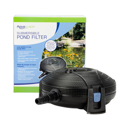 Submersible pond filter in its original packaging, displaying the product specifications, components, and clear labeling of the filtration system. Submersible pond filter in its original packaging, displaying the product specifications, components, and clear labeling of the filtration system.