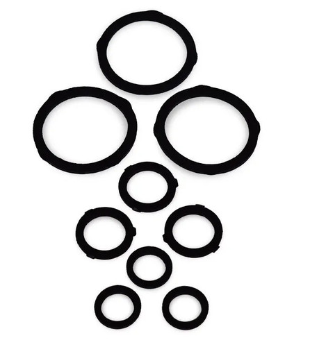 Front view of the Pump/Filter Union Fitting Gasket Kit, showcasing the various gasket sizes and shapes designed for a secure seal in pump and filter connections. Front view of the Pump/Filter Union Fitting Gasket Kit, showcasing the various gasket sizes and shapes designed for a secure seal in pump and filter connections.