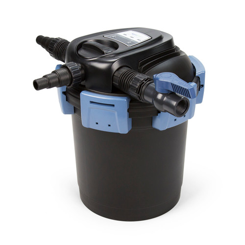 Angled view of the UltraKlean 2000 pond filter, showcasing the water flow ports, filtration system components, and the overall design for easy pond installation. Angled view of the UltraKlean 2000 pond filter, showcasing the water flow ports, filtration system components, and the overall design for easy pond installation.