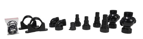 Front view of the UltraKlear UV Clarifier Fittings Kit, displaying all the necessary fittings and connectors for UV clarifier models with 14W, 28W, and 55W bulbs. Front view of the UltraKlear UV Clarifier Fittings Kit, displaying all the necessary fittings and connectors for UV clarifier models with 14W, 28W, and 55W bulbs.