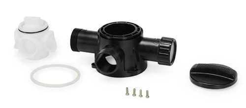Top-down view of the UltraKlean 2000/3500 Pond Filter Valve Kit, highlighting the valve mechanism, ports for water intake and discharge, and connections for a secure fit in filtration systems. Top-down view of the UltraKlean 2000/3500 Pond Filter Valve Kit, highlighting the valve mechanism, ports for water intake and discharge, and connections for a secure fit in filtration systems.