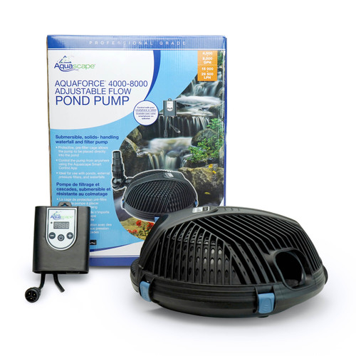 AquaForce 4000-8000 Adjustable Flow Solids-Handling Pond Pump in its original packaging, displaying product details, specifications, and features for efficient water circulation and solids filtration in ponds. AquaForce 4000-8000 Adjustable Flow Solids-Handling Pond Pump in its original packaging, displaying product details, specifications, and features for efficient water circulation and solids filtration in ponds.