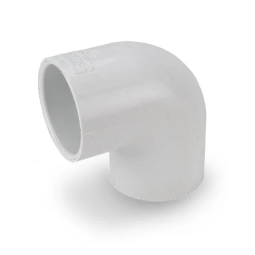 PVC 90-degree elbow fitting with 1.5 inch slip sockets PVC 90-degree elbow fitting with 1.5 inch slip sockets