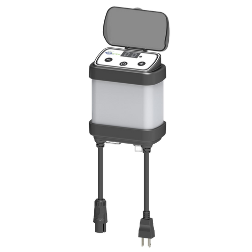 Front view of the Smart Pump Receiver, showcasing its compact design, LED indicator, and labeled ports for clear connection guidance. Front view of the Smart Pump Receiver, showcasing its compact design, LED indicator, and labeled ports for clear connection guidance.