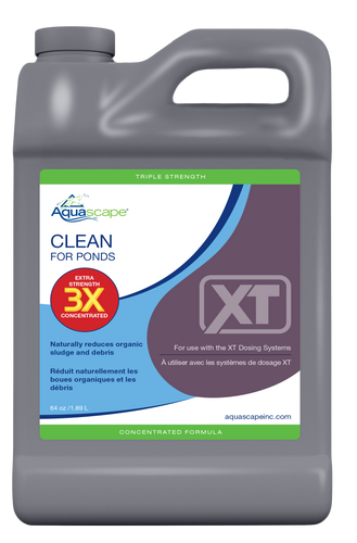 Front view of the 3X Clean for Ponds XT 64 oz bottle, displaying the product name, instructions, and safety precautions printed on the label. Front view of the 3X Clean for Ponds XT 64 oz bottle, displaying the product name, instructions, and safety precautions printed on the label.