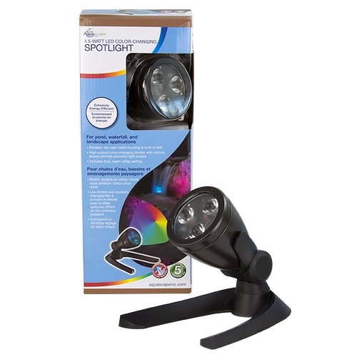Color-Changing Spotlight – 4.5-Watt in original packaging, showing product label, wattage, and compatibility for landscape or water feature lighting. Color-Changing Spotlight – 4.5-Watt in original packaging, showing product label, wattage, and compatibility for landscape or water feature lighting.