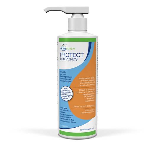 Protect for Ponds – 8 oz (236 mL) bottle, compact and clearly labeled for use in small ponds, offering water conditioning and protection against organic buildup. Protect for Ponds – 8 oz (236 mL) bottle, compact and clearly labeled for use in small ponds, offering water conditioning and protection against organic buildup.