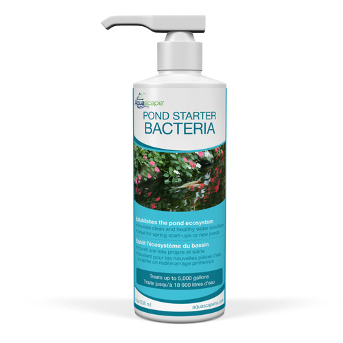 Pond Starter Bacteria – 8 oz (236 mL) bottle, labeled for new or recently cleaned ponds, featuring dosage instructions and natural bacteria for quick biological balance. Pond Starter Bacteria – 8 oz (236 mL) bottle, labeled for new or recently cleaned ponds, featuring dosage instructions and natural bacteria for quick biological balance.