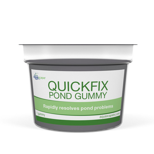 Front view of the QuickFix Pond Gummy container, clearly labeled for fast-acting pond water treatment with beneficial bacteria. Front view of the QuickFix Pond Gummy container, clearly labeled for fast-acting pond water treatment with beneficial bacteria.