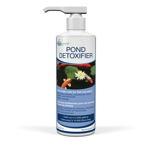 Front view of Pond Detoxifier bottle – 8 oz (236 ml) with clear label and product branding. Front view of Pond Detoxifier bottle – 8 oz (236 ml) with clear label and product branding.